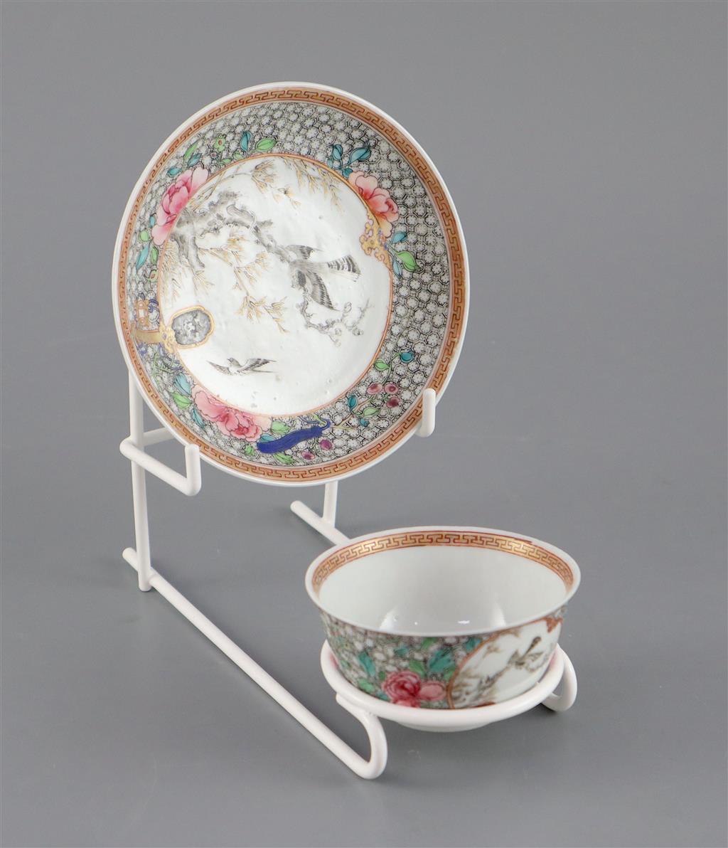 A Chinese famille rose hawk tea bowl and saucer, Yongzheng period, saucer 11.5cm diameter